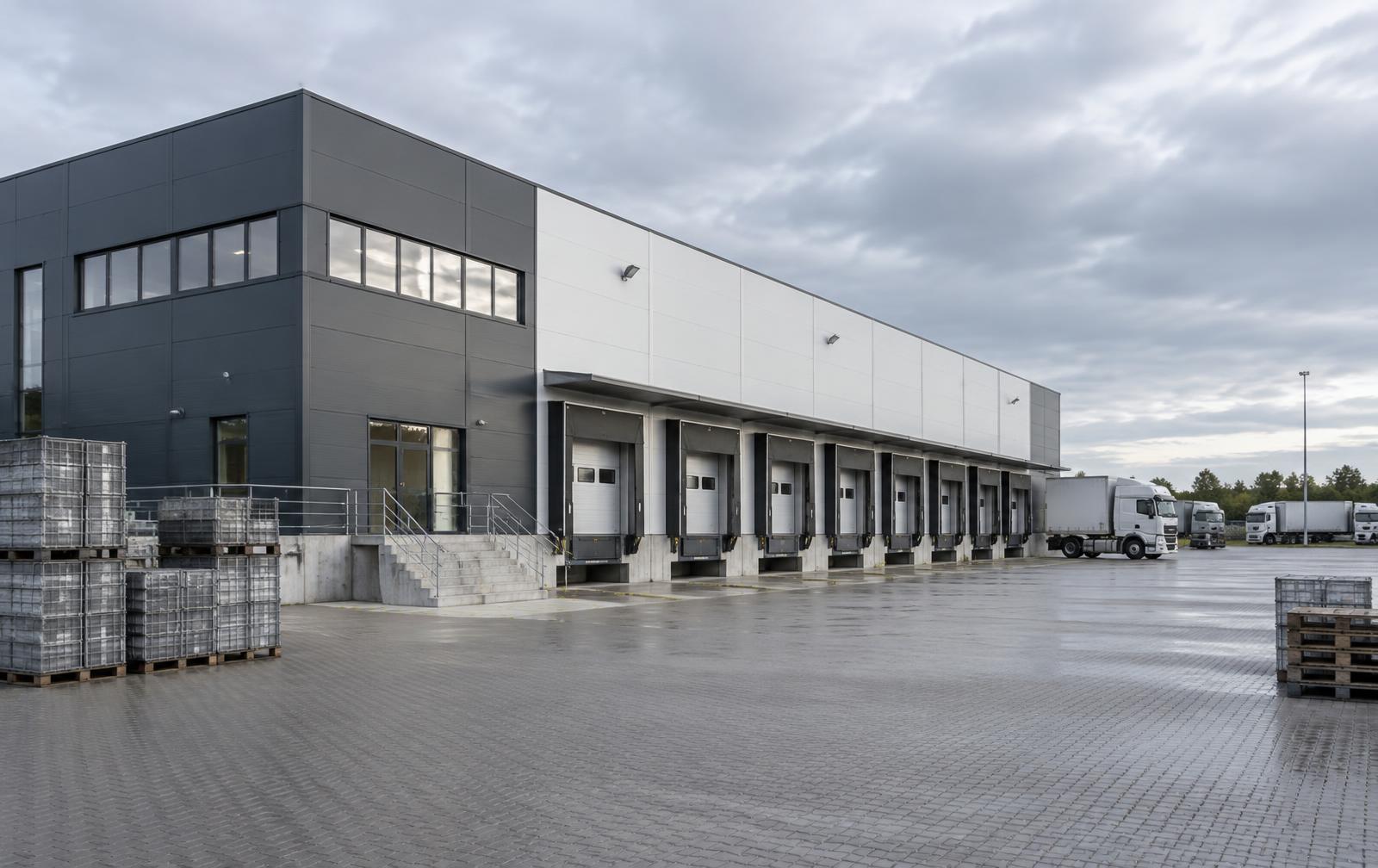 Außenansicht einer modernen Logistikhalle mit Verladerampen